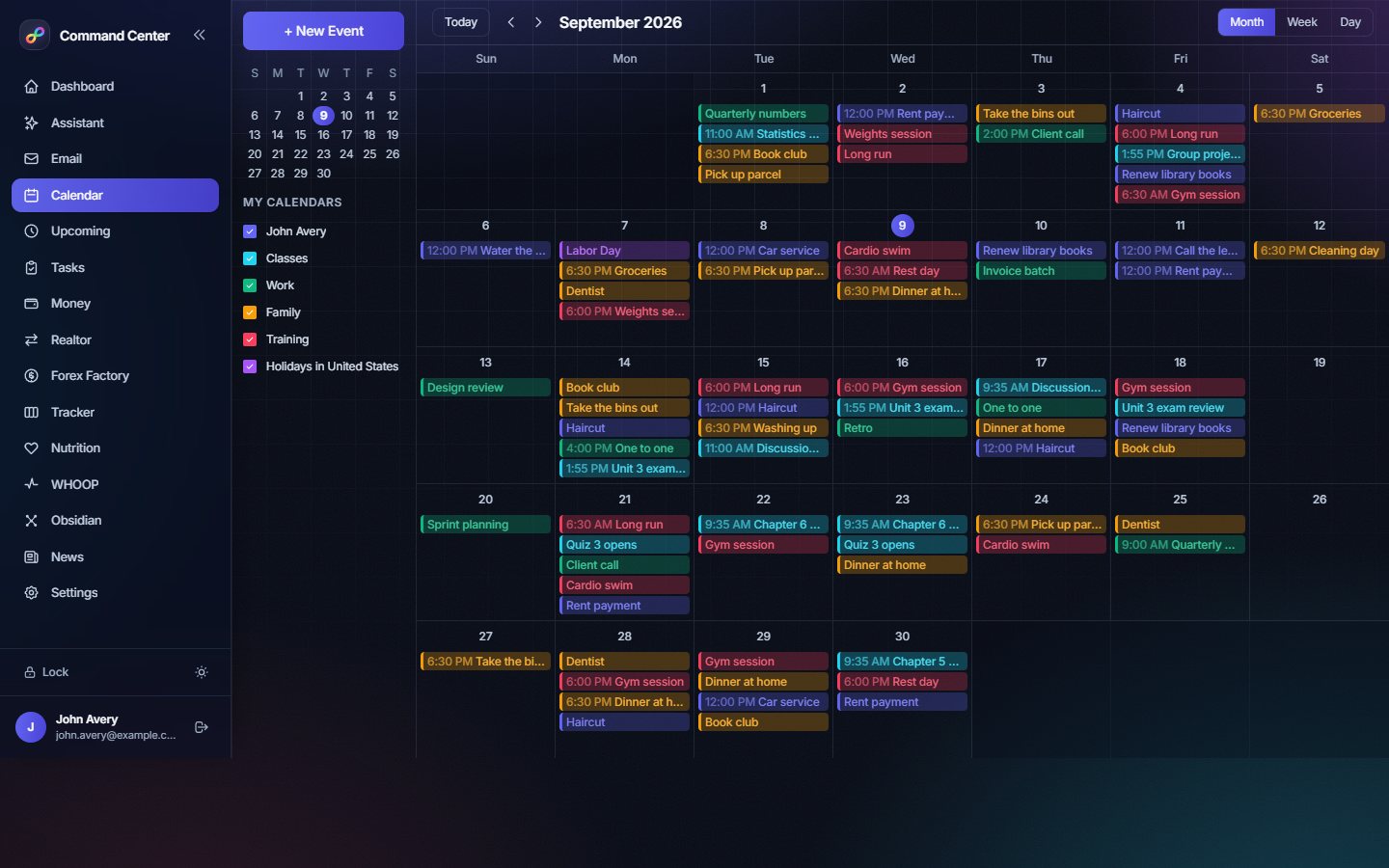 The calendar view: a month grid dense with colour-coded events beside a list of connected calendars.