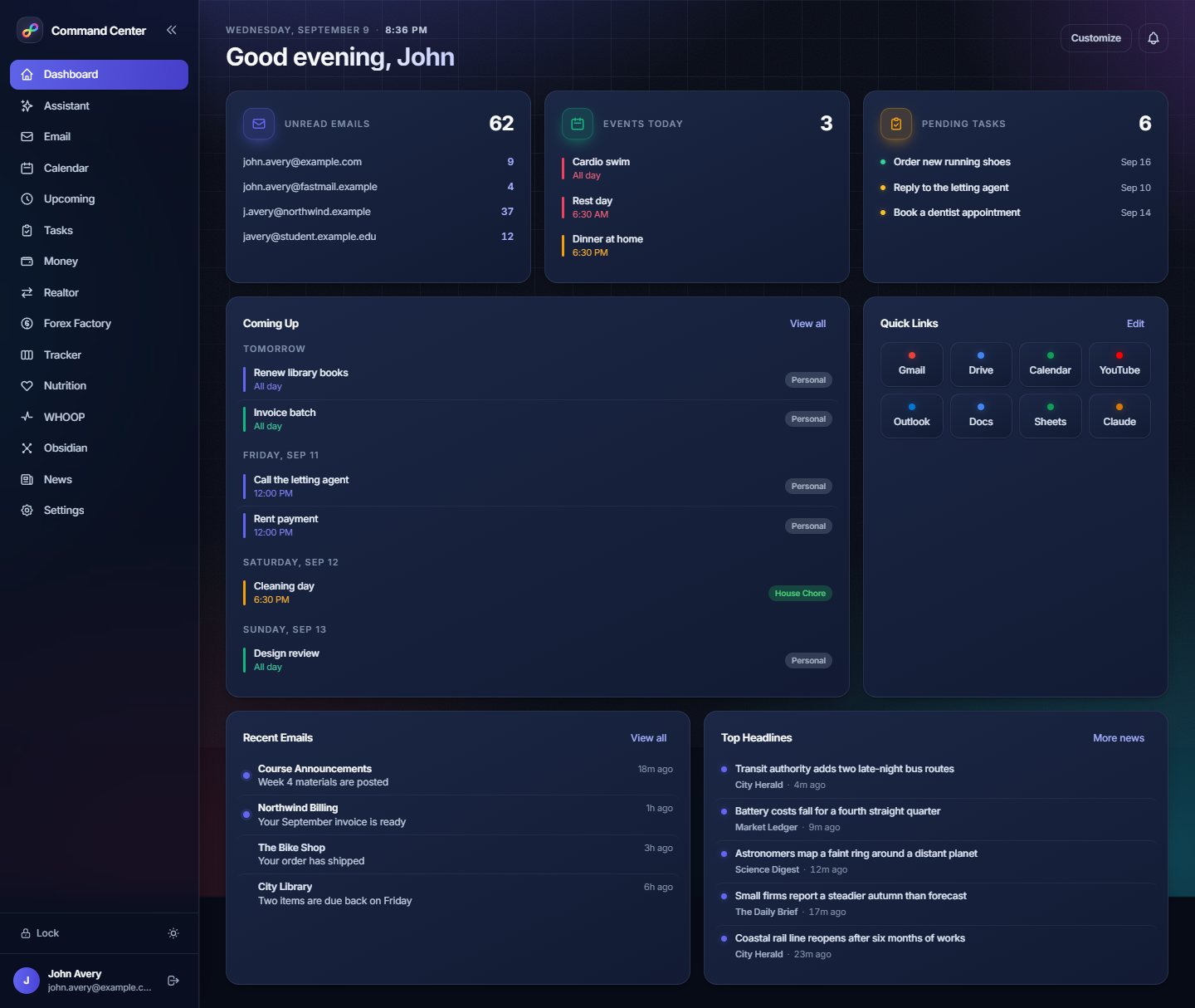 The Command Center dashboard: a sidebar of modules beside stat cards for unread mail, events today and pending tasks, above an Upcoming feed, quick links, recent mail and headlines.