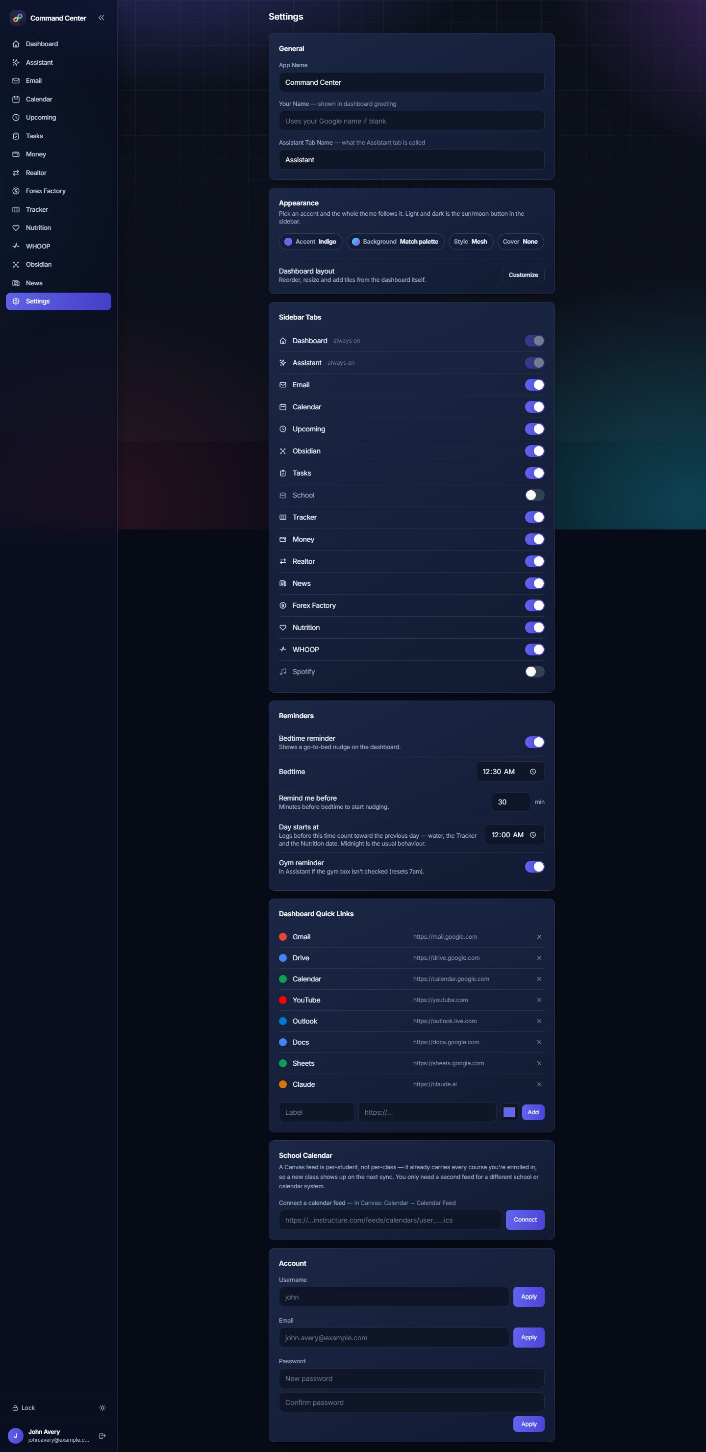 The Settings view: an Appearance card offering accent, background, style and cover choices, above the sidebar tab toggles.