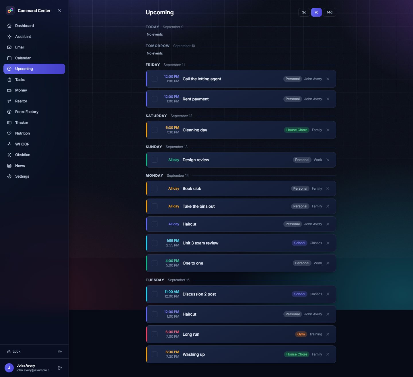 The Upcoming view: events grouped under each day with coloured source tags.